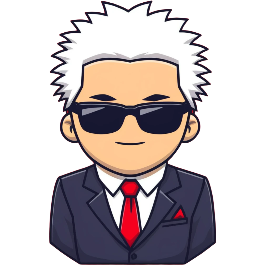 Satoru Gojo character with white spiky hair, black suit, red tie, sunglasses, and confident smirk emoji
