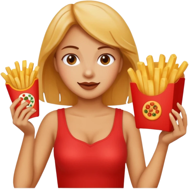 lean female holding fries on one hand and eating pizza on the other hand emoji