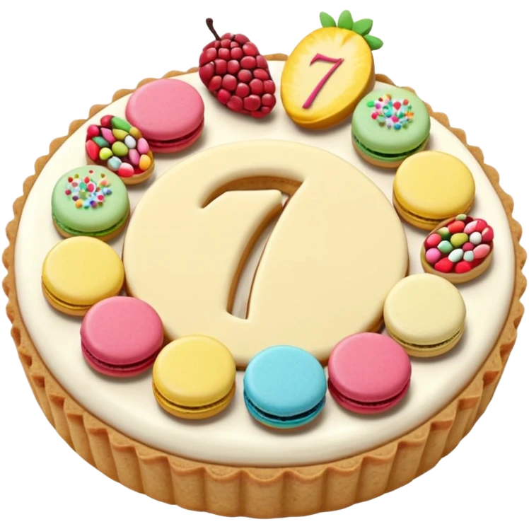 number-shaped 7 cookie cream tart decorated with macarons, fruit, and candy toppings, simplified, clear, emoji-like emoji
