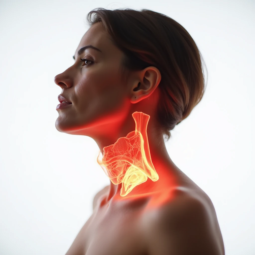woman with non-functioning thyroid, thyroid highlighted in red and transparent to show internal anatomy, focus on neck, hyperrealism, 4K, white background emoji
