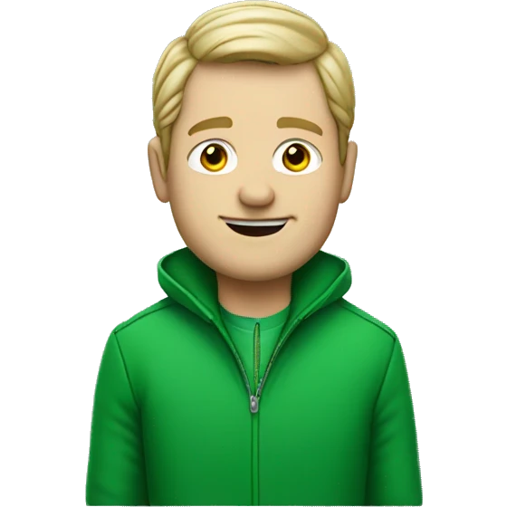 white man in green jacket with clover emoji