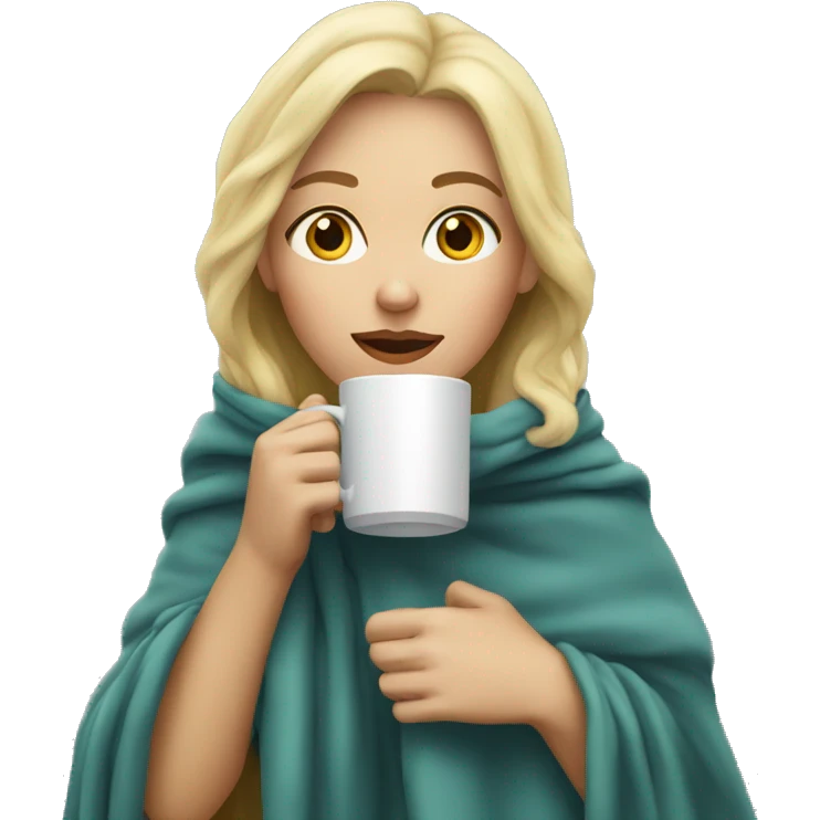Blonde girl in a blanket sipping coffee emoji