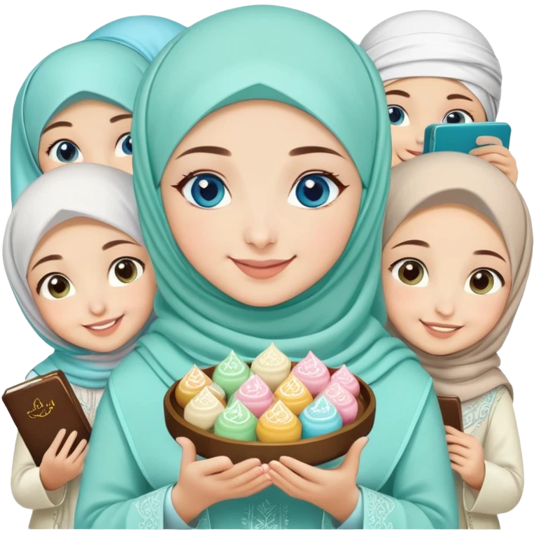 Turkish beautiful finish Konya girl blue eyes with mint hijab islamic dress and had on her hand text Eid Mubarak with sweets and celebrating with her friends eid days   emoji