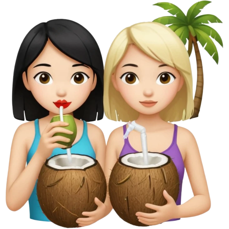 Two girls drinking out of a coconut one is Asian with black hair the other is white with blonde hair  emoji