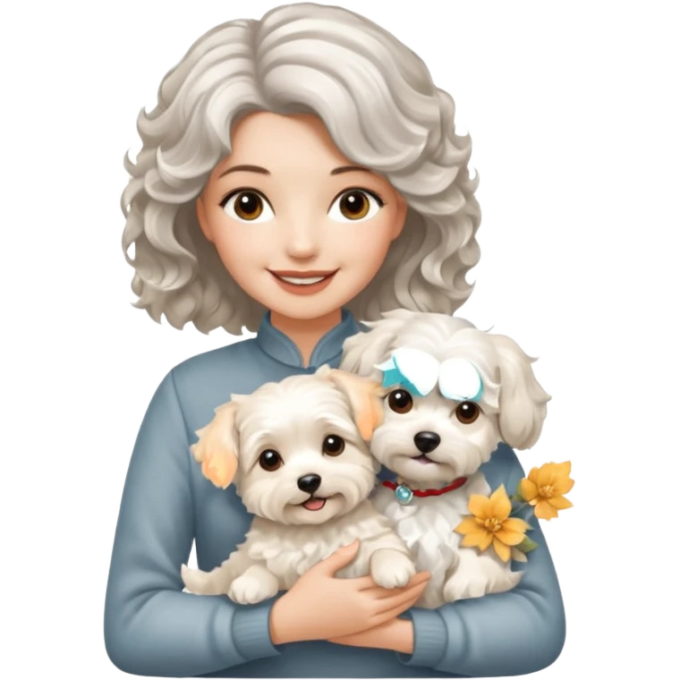 silver, short, wavy-haired with loose curls, smiling pretty lady holding westie dog and lhasa apso dog emoji