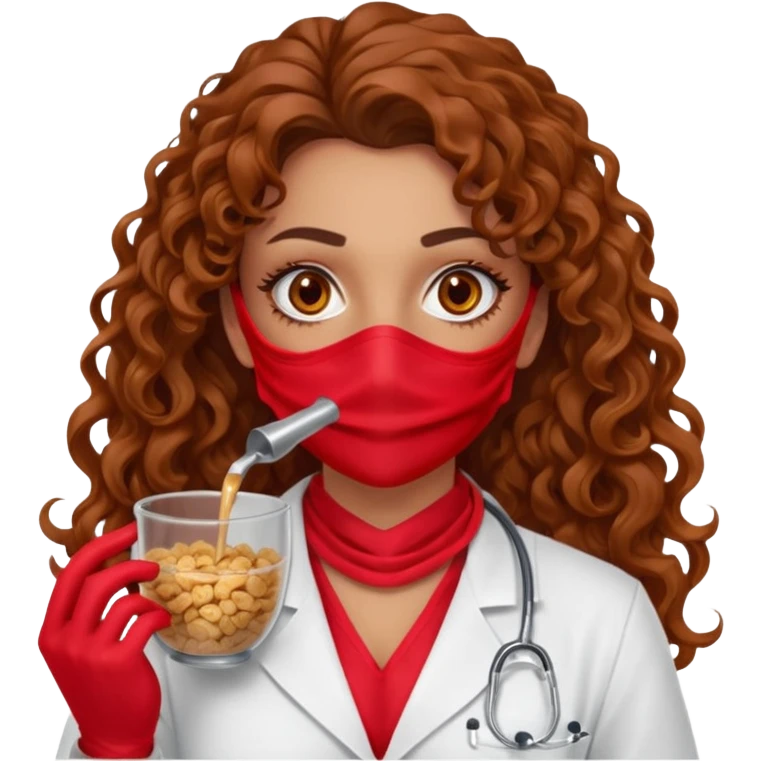 Sensual Spanish Lilith core evil surgeon.red outfit.  Surgeon has hazel eyes. Her hair is BROWN. Hair is also  long and  curly. wearing a sexy surgeon outfit with platform  heels.she is a calculated smart cereal killer. She covers only her mouth and nose with silk scarf to hide identity  emoji