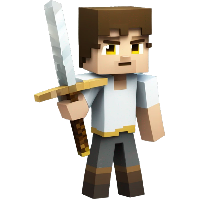 The image shows a Minecraft character with white skin, bright yellow eyes, and short brown hair. The character is holding a wooden sword and has a blocky, pixelated appearance typical of Minecraft. emoji