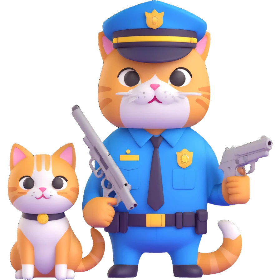 a police officer and a cat, the cat holding a small gun, both looking surprised emoji