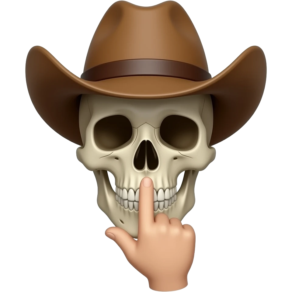 Cowboy Skull with his index finger to his lips, shhhh, palm turned inward toward the face, back of hand facing camera emoji