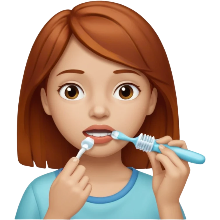 A reddish-brown-haired girl, newly awakened in the morning, is getting ready for work, brushing her teeth. emoji