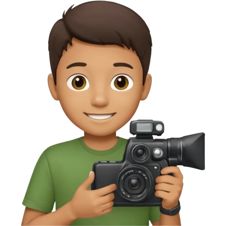 young boy cameraman hold a camera, green emoji