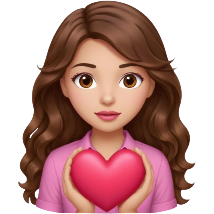 girl with long wavy brown hair, brown eyes, light to medium complexion, in a pink shirt, pink lips, long lashes, squeezing a big heart emoji
