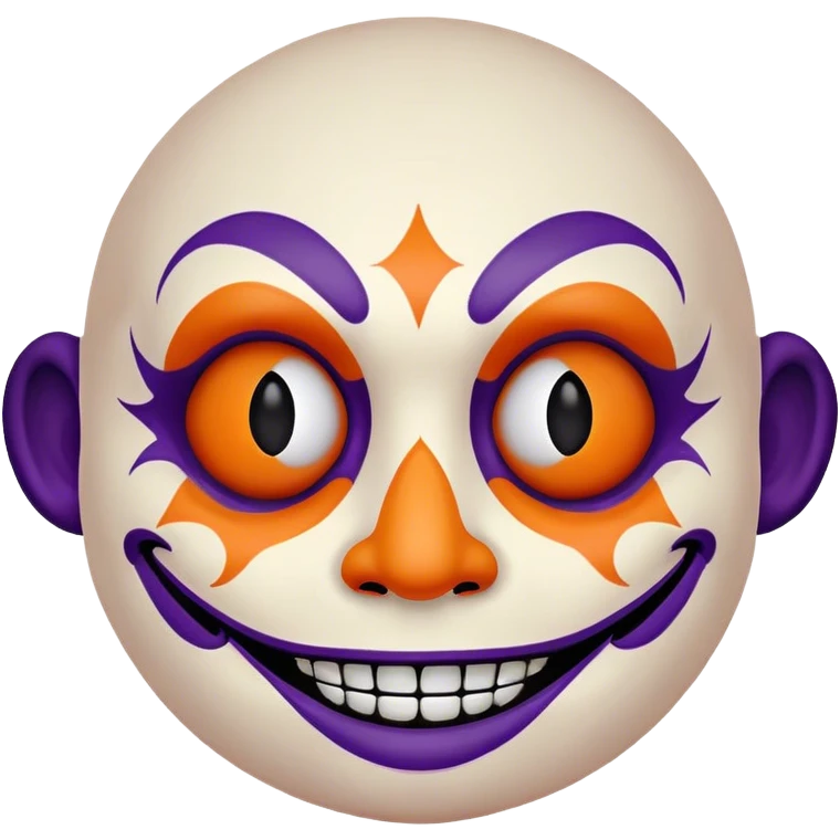 Juggalo smiley face that is Perfectly round and hairless with white skin and elaborate but symmetrical lined face paint that is orange outlined in dark purple emoji
