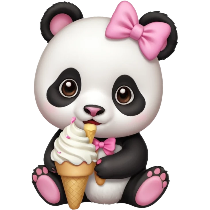 Cute chibi style girl Panda with big pink bow above ear eating and ice cream  emoji
