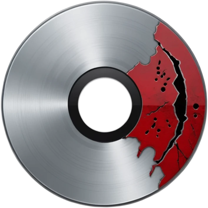 Minimalist emoji-style sticker of a single CD with a sharp crack and a dried blood spot. View from above, black, gray, and muted red.
 emoji