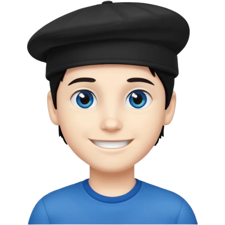 Menino branco de cabelo escuro, boné preto, olhos azuis emoji