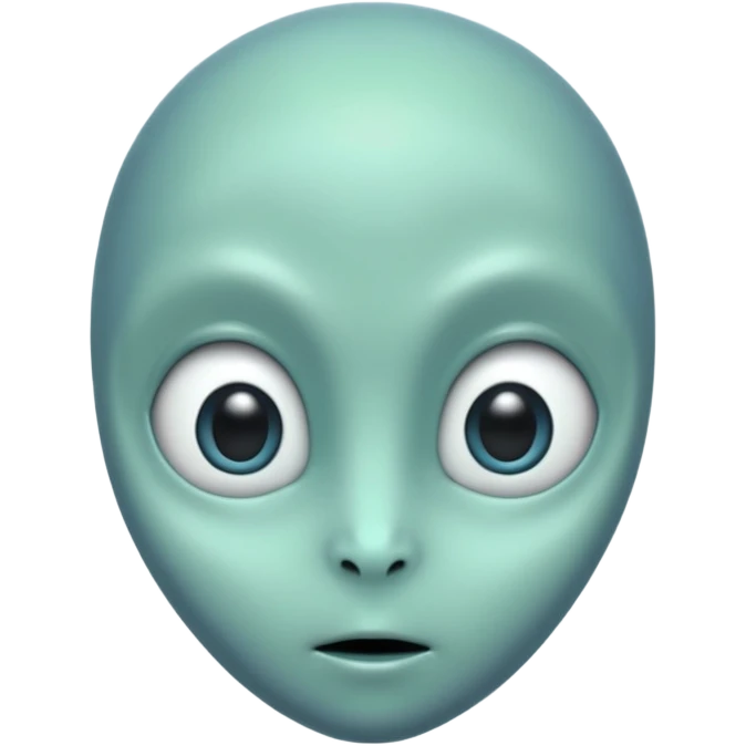 Portrait of an alien with smooth greenish-blue skin, large black oval eyes, small nose, and no visible ears, elongated head, front-facing, calm expression, soft glow, simple futuristic design emoji