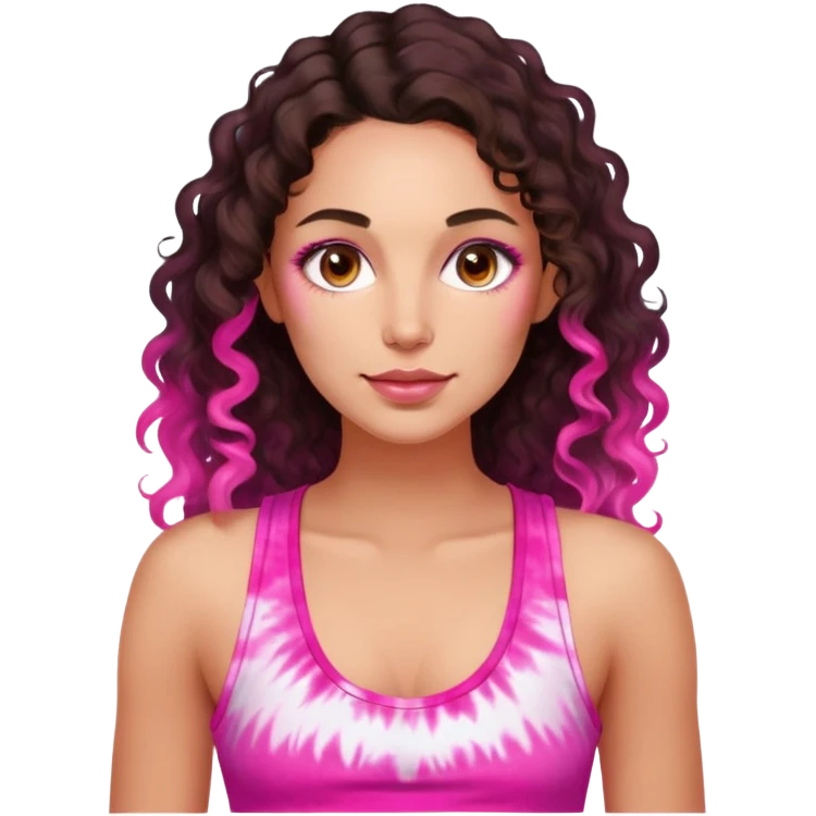 Woman in her 30s with luminous skin, long defined dark brown curls, large brown eyes, full lips with natural pink color, wearing bright pink tie-dye tank top, nurturing warm expression emoji
