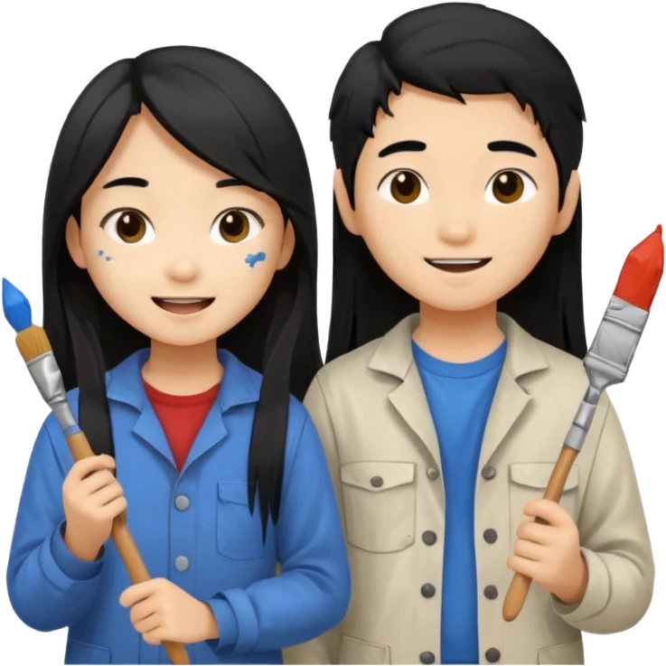 Happy Asian boy with long hair and girl messy painters emoji