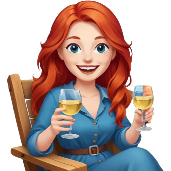 Laughing woman with long red hair and blue eyes holding white wine sitting in chair beside campfire emoji
