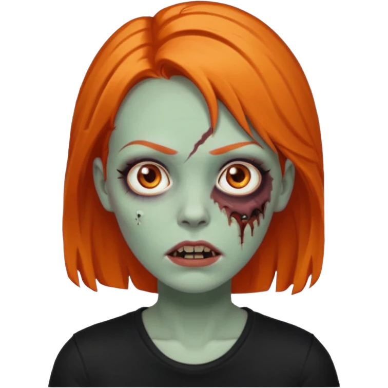 Faça uma zumbi feminina com cabelos médios e laranja, deve estar vestindo uma camisa preta e ter seus olhos castanhos escuro, não esqueça de colocar a sombrancelha da cor do cabelo  emoji
