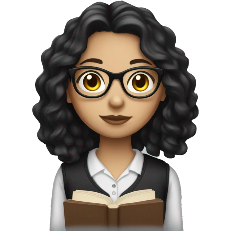 White girl with black wavy hair wearing glasses holding a book emoji