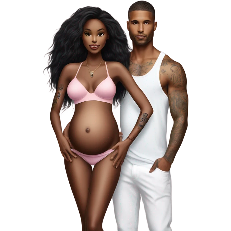 Photo of a Victoria secret model pregnant Standing next to a tattooed male model  emoji