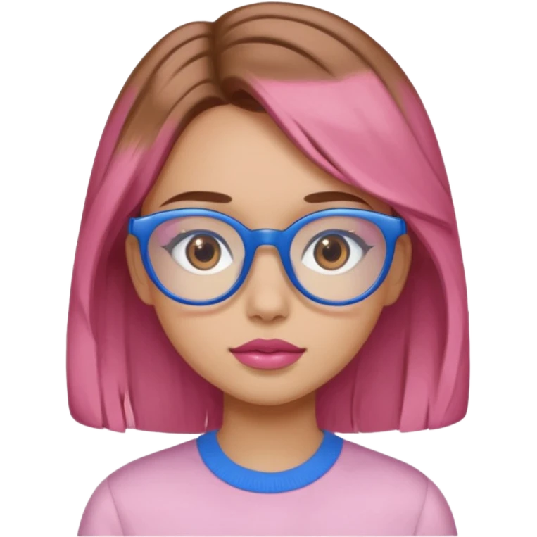 A girl with peach skin, brown eyes, blue glasses, pink lips, and light brown hair. emoji