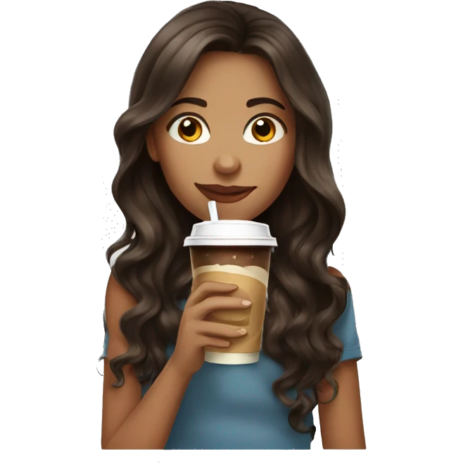 girl with long wavy dark brown hair with highlights drinking iced coffe emoji