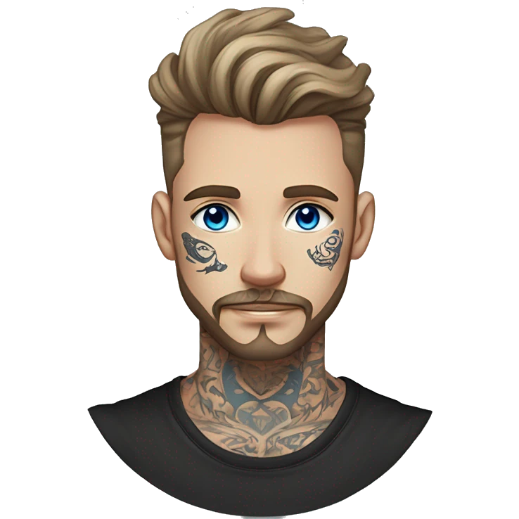 Man with Light brown hair, neck tattoos, arm tattoos, mustache and beard, blue eyes, silver nose piercing hoop, black anime graphic tee emoji