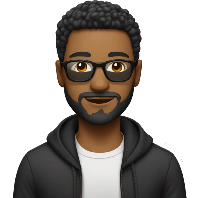 Create a male emoji, with characteristics of mixed race rao style, short hair, short and clean beard, black beach glasses, urban clothing. emoji