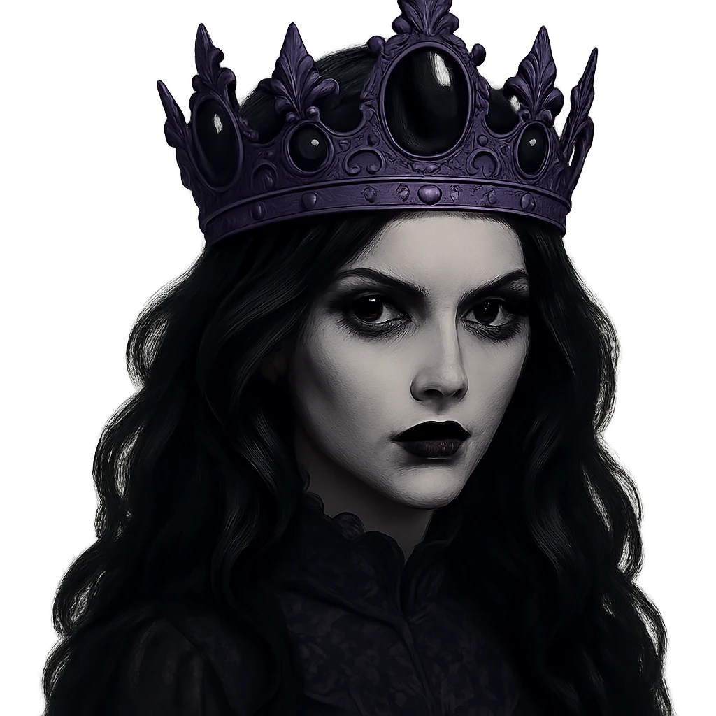 Change the gothic black crown to be made of matte purple metal, with onyx stones and a haunting, sophisticated design. Keep the background transparent. The style should maintain the gothic and elegant look of the original image. emoji