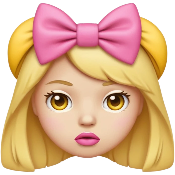 Pouting yellow face emoji with pink bow on head emoji