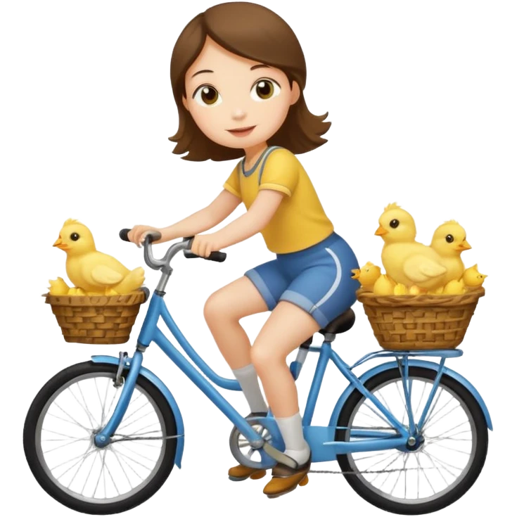 A flat toon cartoon girl riding a bicycle with a basket full of baby chicks, 1:1 square ratio. emoji