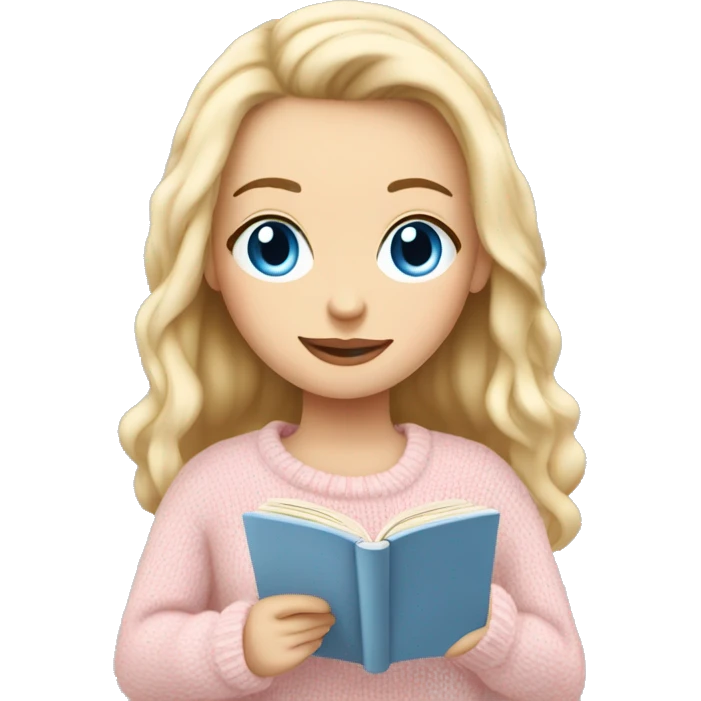 Pretty blue eyed white girl with light pink sweater reading cozy emoji