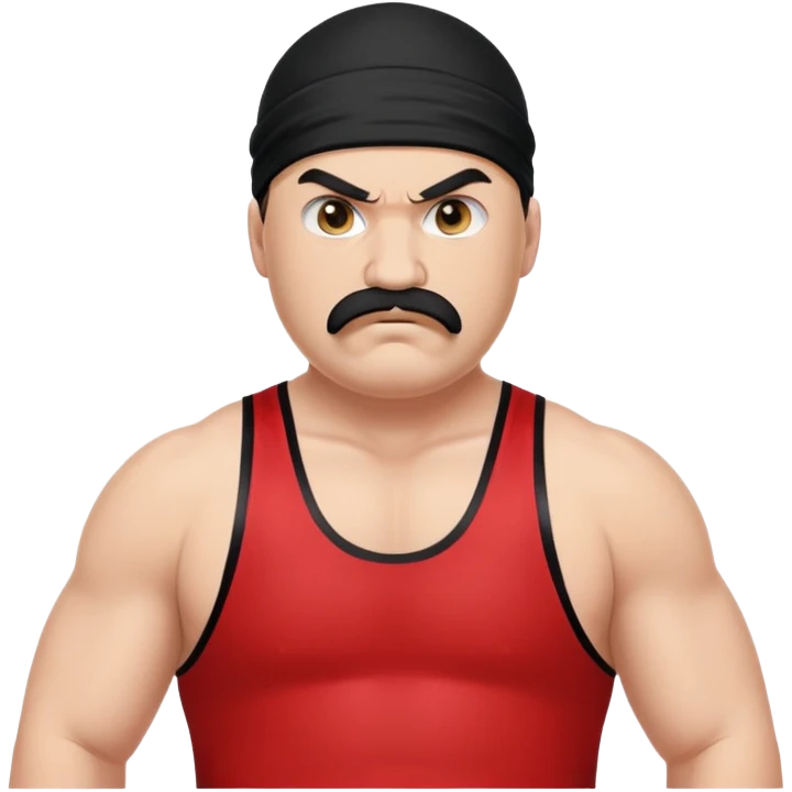 White skin fat guy with prominent black durag, short black beard and mustache, black eyes in a red and black wrestling singlet with angry face emoji