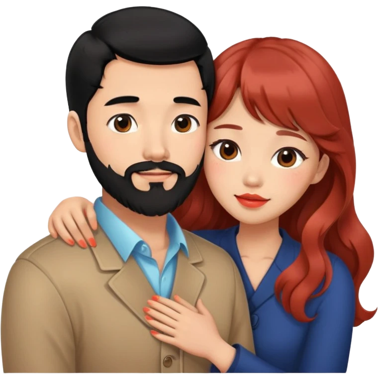 handsome tall asian man with black hair and beard, hugging cute woman with tan skin and long wavy reddish brown hair with bangs and coral lipstick emoji