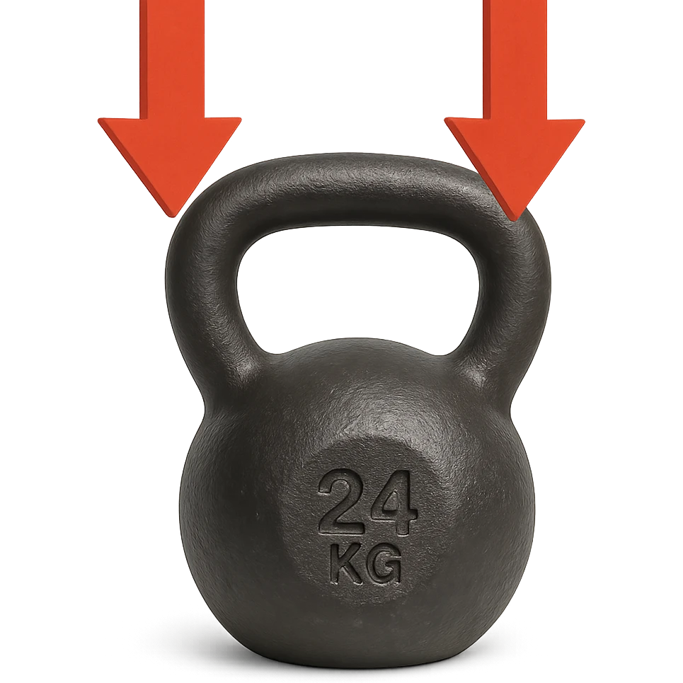 realistic kettlebell weight with large red arrows pointing down to indicate overload, isolated on white background emoji