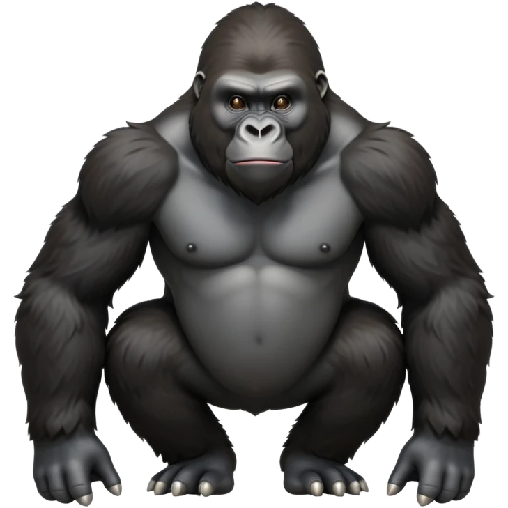 cinematic-gorilla-realistic-full-body-on-all-fours-emoji,-exuding-strength,-thick-dark-fur-in-the-light,-head-tilted-dramatically,-deep-friendly-eyes-filled-with-intense-intelligence,-simplified-yet-realistic-focused-features,-highly-detailed, zoomed out friendly  emoji