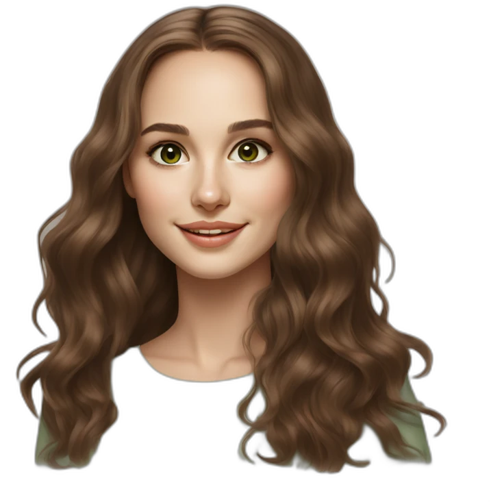 beautiful girl, white, with long loose wavy hair, brown hair, brown green eyes, looks like natalie portman, smiles at the camera,realistic drawing emoji
