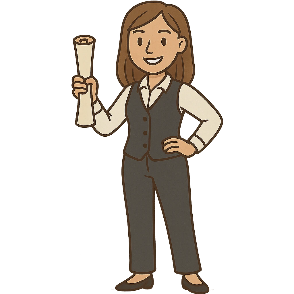 female character with light brown straight hair, academic vest and pants, smiling, standing confidently as mentor, holding a scroll emoji