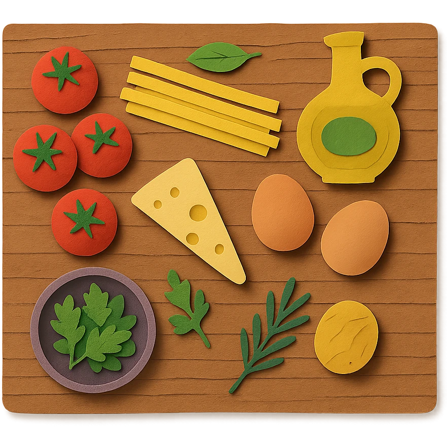 A realistic top-down view of a wooden kitchen table with various common ingredients neatly arranged (like tomatoes, pasta, eggs, cheese, herbs, olive oil). The background should be dark and soft to match a modern app interface. Lighting should highlight the ingredients naturally, with soft shadows. No text, no hands, minimalistic but warm and homely, like a mobile UI background for a cooking app. emoji