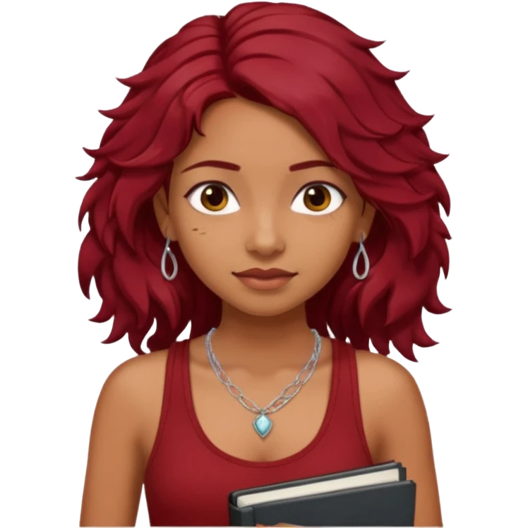 a pretty tan indian bratz girl with messy dark wavyred hair, wearing a dark red tank top, layered silver necklaces. Carrying multiple sketchbooks emoji