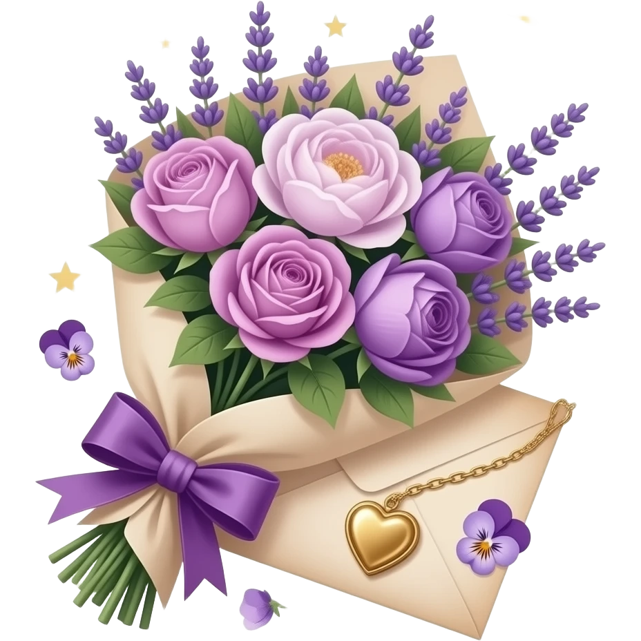 A vintage bouquet of lavender, mauve roses, and violet peonies rests on an aged love letter, tied with an amethyst ribbon. A small heart locket glows under a crescent moon, with scattered pansies and faint golden stars adding a soft, celestial romance. emoji