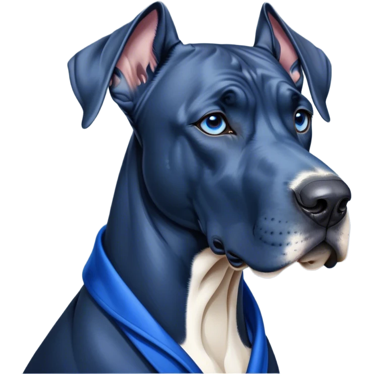 Cinematic Noble Blue Great Dane Portrait Emoji, Poised and regal, with a towering, muscular build and a sleek, well-groomed deep blue Fur, deep-set soulful steel-blue eyes, Simplified yet sharp and sophisticated features, highly detailed, glowing with a cool, dignified glow, high shine, intelligent and commanding, stylized with an air of majesty, focused and attentive, soft glowing outline, capturing the essence of a watchful and authoritative guardian, so majestic it feels as though it could stride out of the screen with effortless authority! emoji