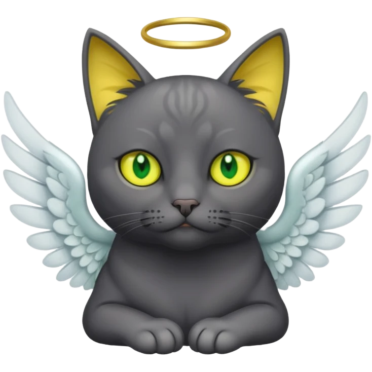Dark gray cat with green-yellow eyes that has angel wings emoji