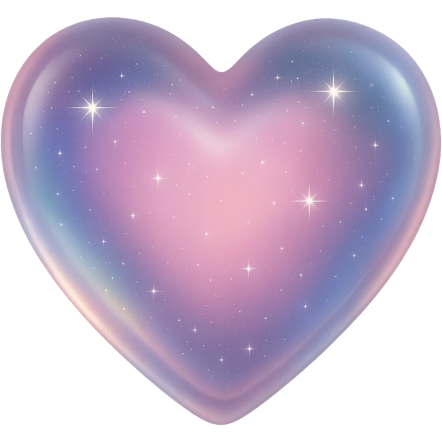 Add tiny sparkling stars inside the heart, keep the sparkly glossy pastel pink iridescent glass crystal nebula glass heart style, no background. emoji