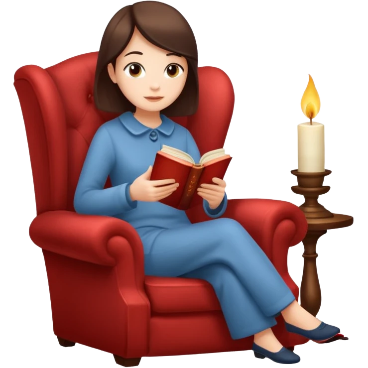 symbol of relaxation, a person relaxing on an armchair, a steaming cup of tea, a lit candle, and a book, all together, isolated on white background emoji