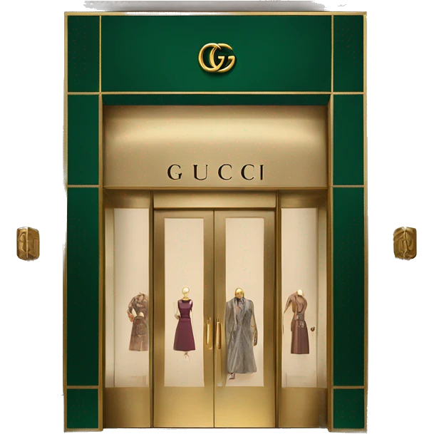 “Gucci store exterior with gold logo above entrance, large glass windows displaying luxury fashion, and elegant double doors.” emoji