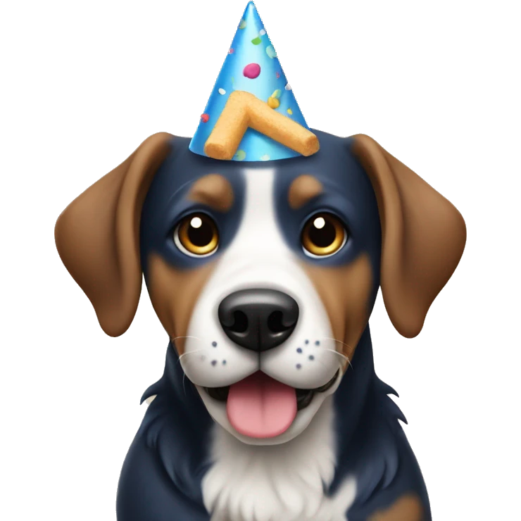 Dog wearing birthday hat and eating blue cake  emoji
